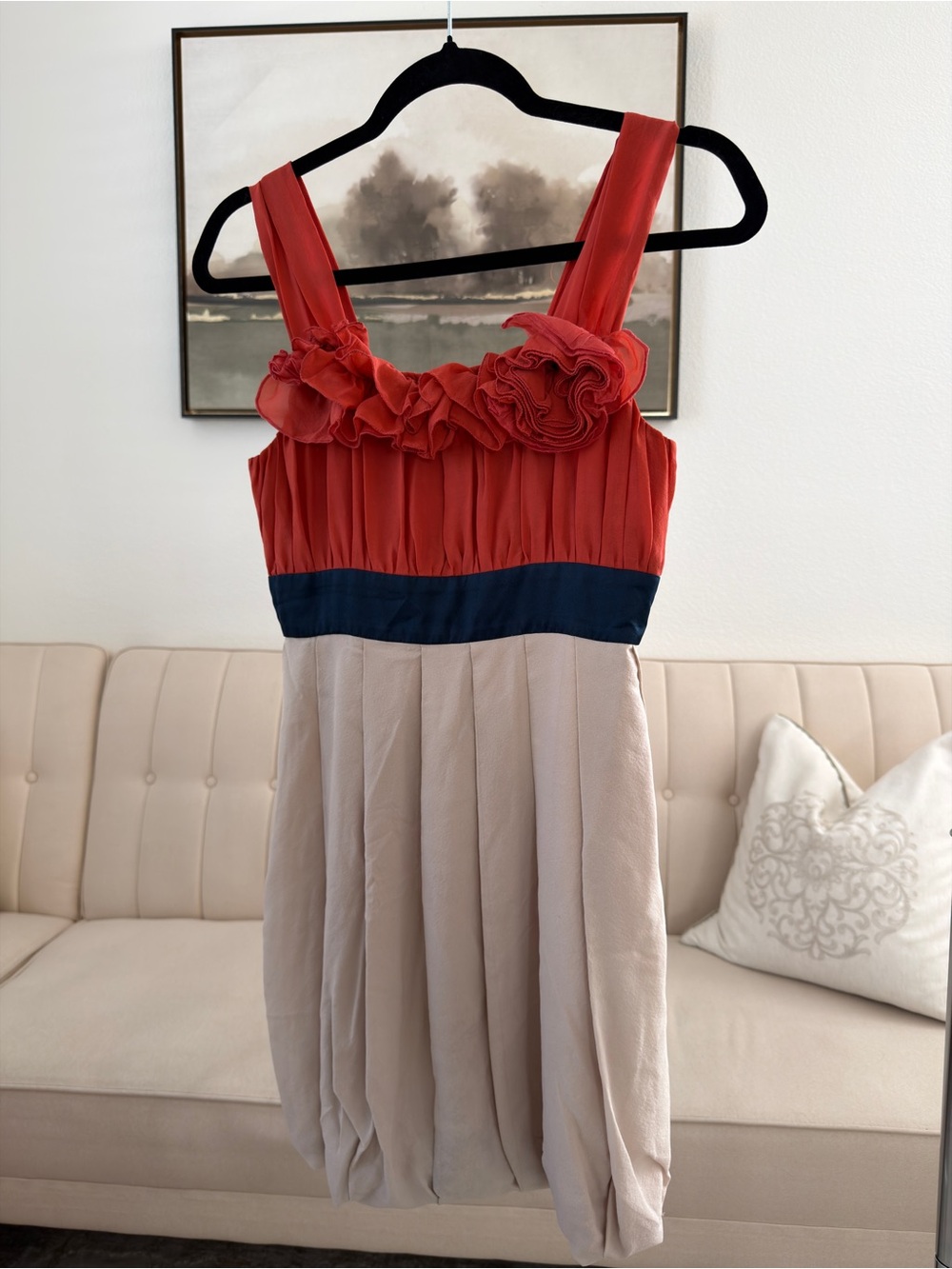 BCBGMaxAzria Red and Cream Floral Ruffle Waist Dress with Navy Band